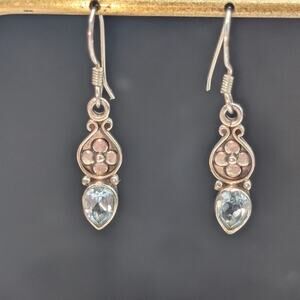 Vintage 925 Sterling Silver Blue Topaz Dangle Flower Earrings